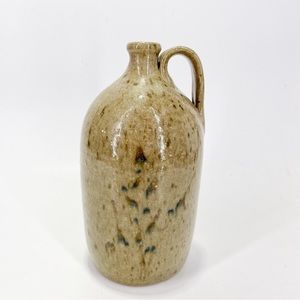 Early 10” Jugtown Ware Salt Glaze Pottery Jug Beige Blue Tall Stamped